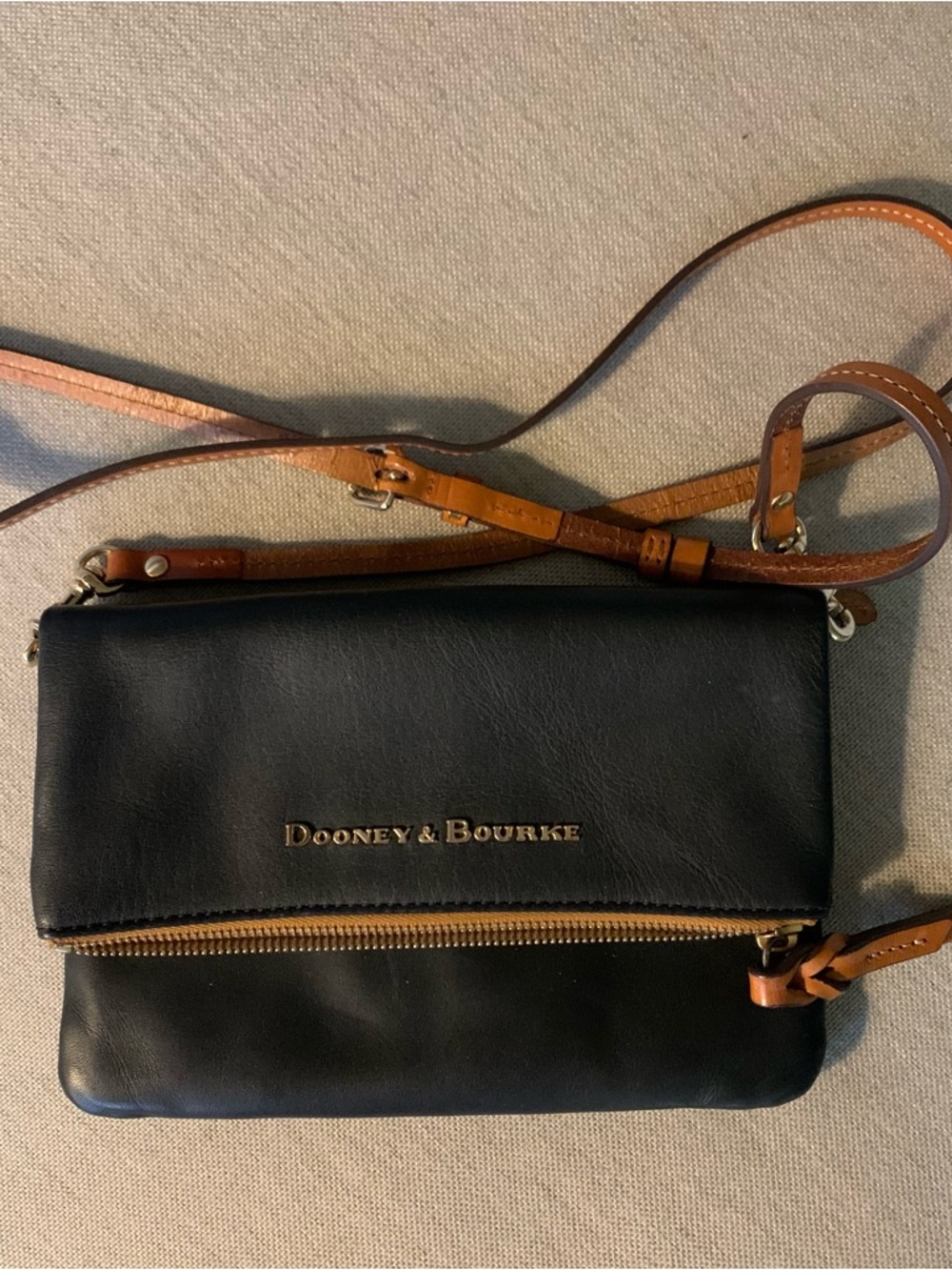 Dooney & Bourke Black Leather Crossbody with Gold Hardware and Tan Trim